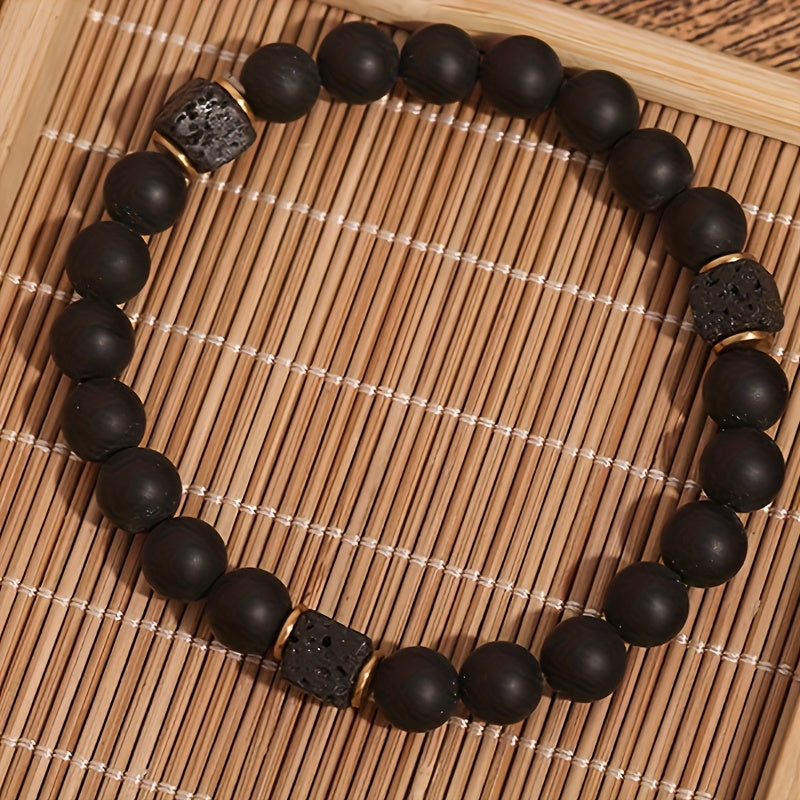 8mm Men's Bracelet Matte Black stone with Beads Bracelet Anti Anxiety Aroma Diffusion Bracelet for Son Dad Boyfriend Birthday Co-worker Gift Holiday Christmas Gift Men Fashion Jewelry Gift Elastic Adjustable