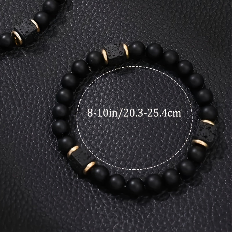 8mm Men's Bracelet Matte Black stone with Beads Bracelet Anti Anxiety Aroma Diffusion Bracelet for Son Dad Boyfriend Birthday Co-worker Gift Holiday Christmas Gift Men Fashion Jewelry Gift Elastic Adjustable