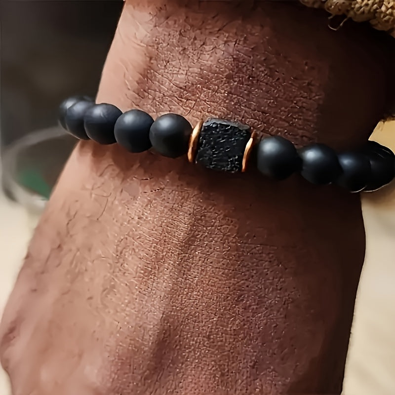 8mm Men's Bracelet Matte Black stone with Beads Bracelet Anti Anxiety Aroma Diffusion Bracelet for Son Dad Boyfriend Birthday Co-worker Gift Holiday Christmas Gift Men Fashion Jewelry Gift Elastic Adjustable
