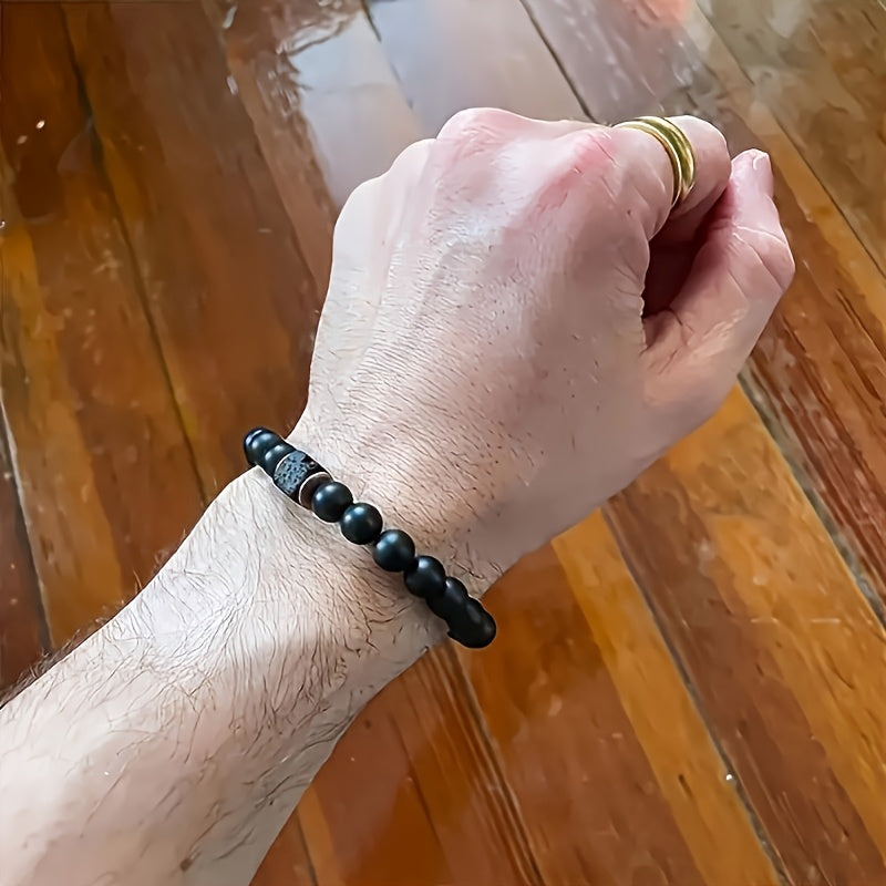 8mm Men's Bracelet Matte Black stone with Beads Bracelet Anti Anxiety Aroma Diffusion Bracelet for Son Dad Boyfriend Birthday Co-worker Gift Holiday Christmas Gift Men Fashion Jewelry Gift Elastic Adjustable
