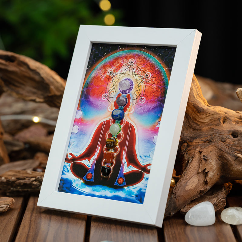 "Divine Formation: Chakra Frame with Prayer Theme"