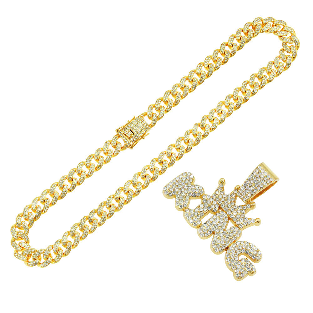 Men's Hip Hop Punk Crown KING Pendant 60CM Cuban Necklace with Rhinestones,Fashion Jewelry for Adults