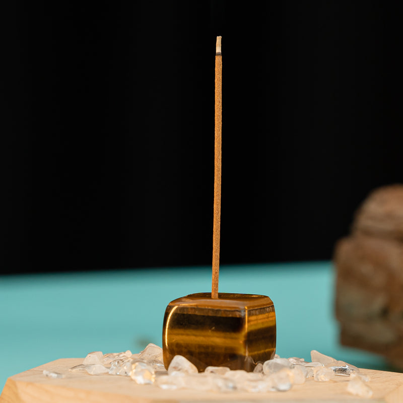 "Elemental Elegance: Red Obsidian, Tiger's Eye, and Lapis Lazuli Cube Incense Burners"