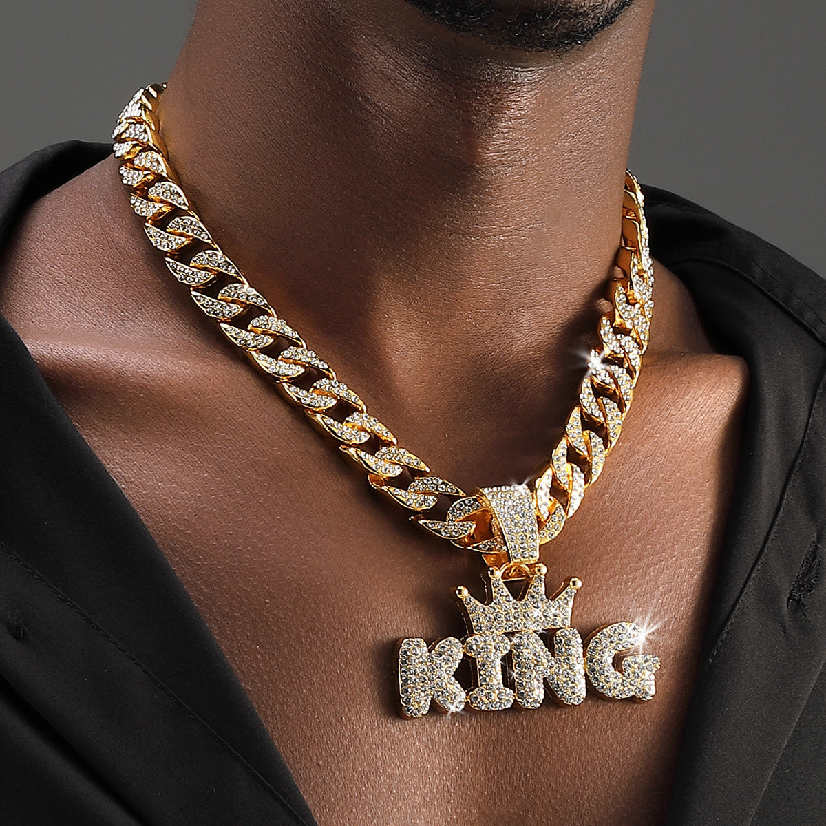 Men's Hip Hop Punk Crown KING Pendant 60CM Cuban Necklace with Rhinestones,Fashion Jewelry for Adults