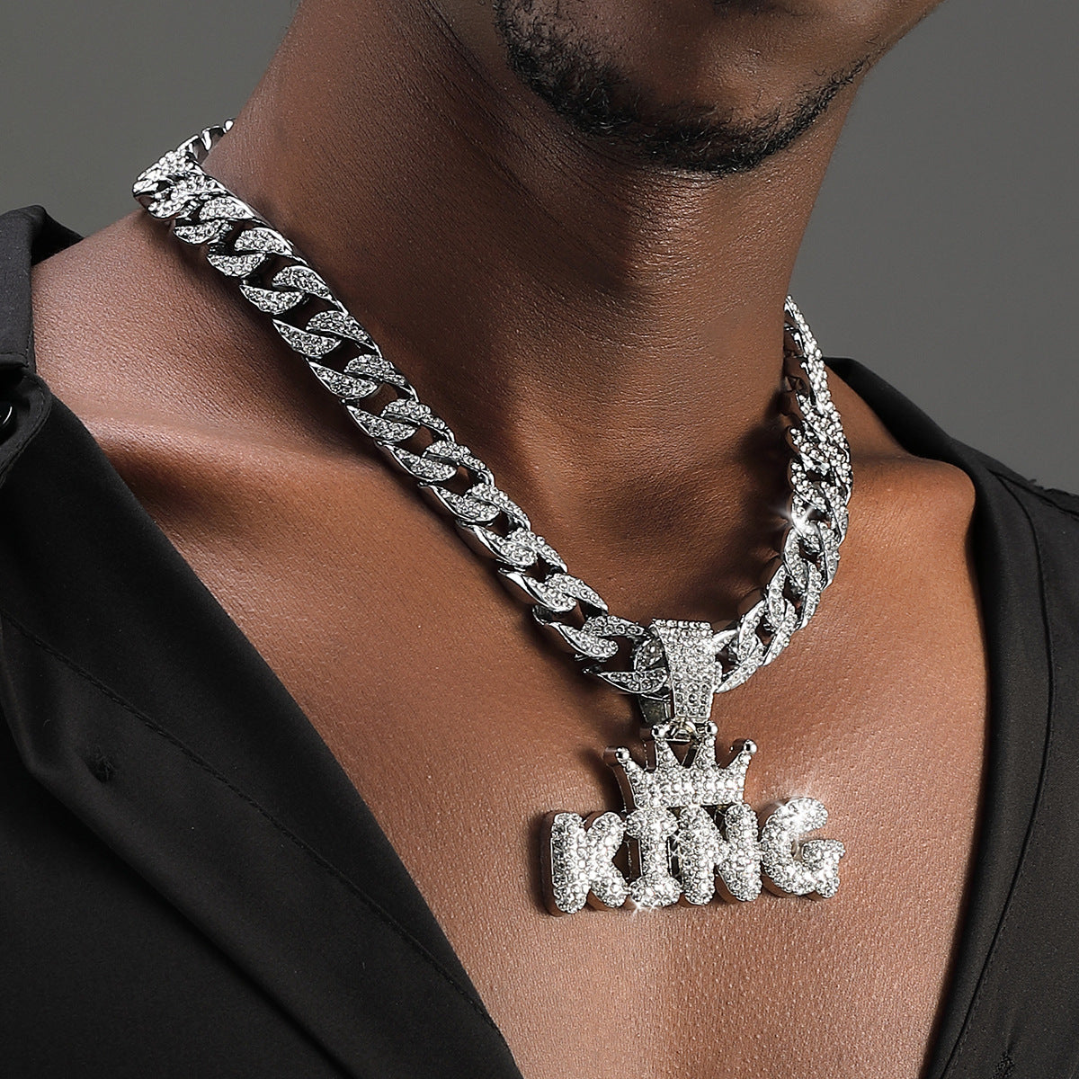 Men's Hip Hop Punk Crown KING Pendant 60CM Cuban Necklace with Rhinestones,Fashion Jewelry for Adults