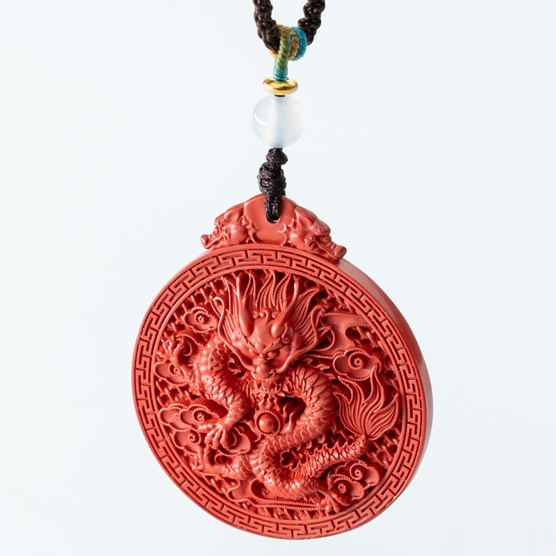 "Dragon's Embrace: Hand-Carved Cinnabar Dragon Medallion Necklace"