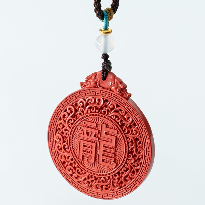 "Dragon's Embrace: Hand-Carved Cinnabar Dragon Medallion Necklace"