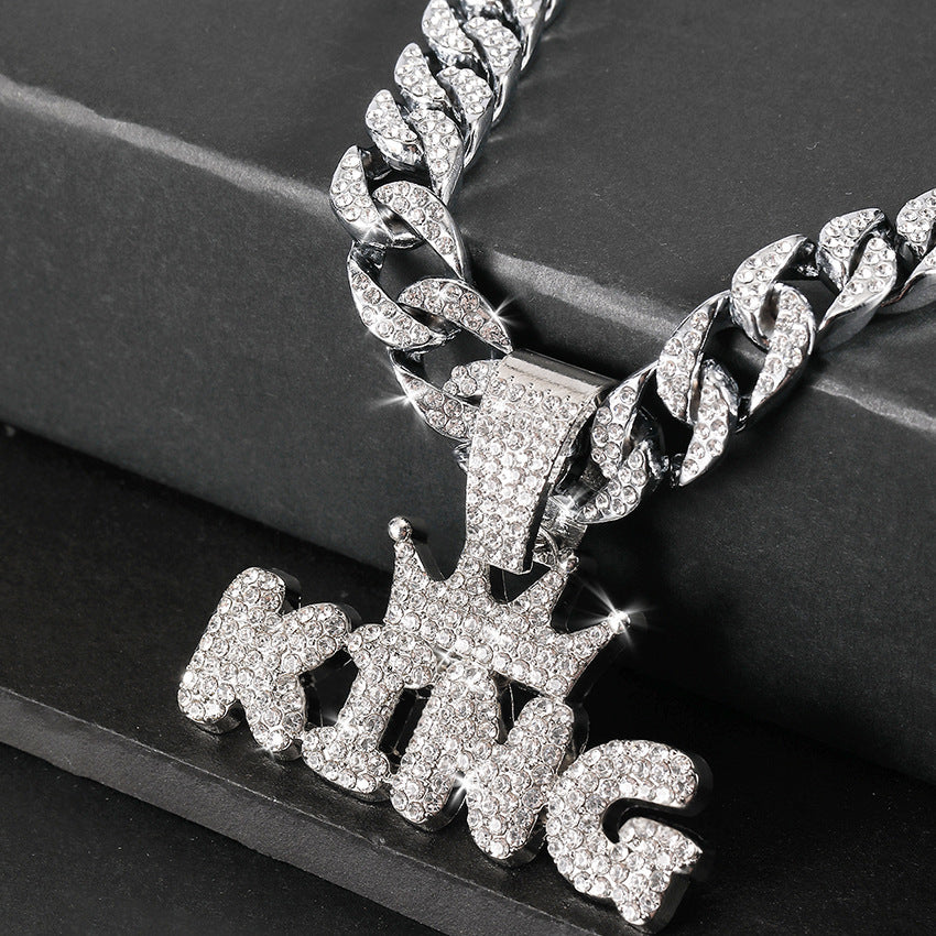 Men's Hip Hop Punk Crown KING Pendant 60CM Cuban Necklace with Rhinestones,Fashion Jewelry for Adults