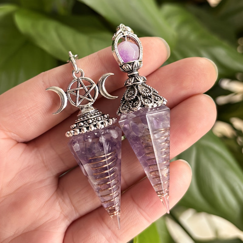 Vintage Style Colorful Crystal Pendulum,Amethyst Gemstone Resin Spiritual Pendulum Accessory, Retro Natural Crystal Pendant for Home Office Dormitory