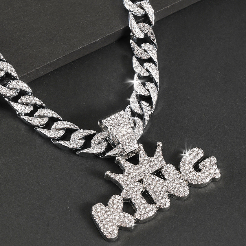 Men's Hip Hop Punk Crown KING Pendant 60CM Cuban Necklace with Rhinestones,Fashion Jewelry for Adults