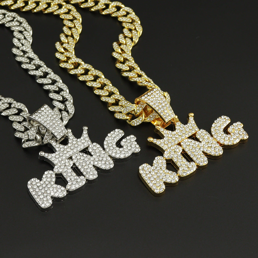 Men's Hip Hop Punk Crown KING Pendant 60CM Cuban Necklace with Rhinestones,Fashion Jewelry for Adults