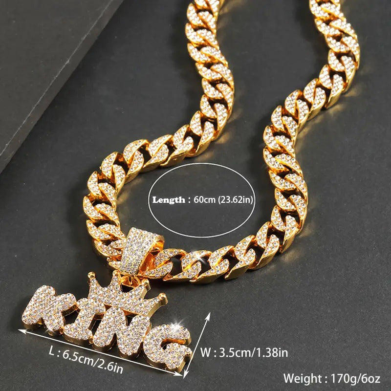 Men's Hip Hop Punk Crown KING Pendant 60CM Cuban Necklace with Rhinestones,Fashion Jewelry for Adults