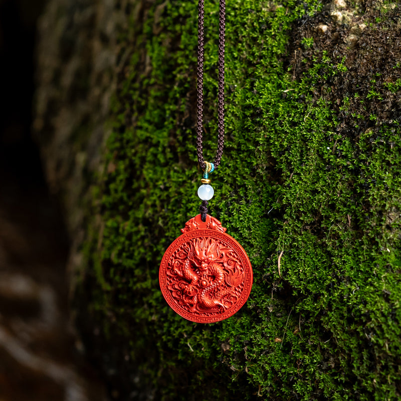 "Dragon's Embrace: Hand-Carved Cinnabar Dragon Medallion Necklace"